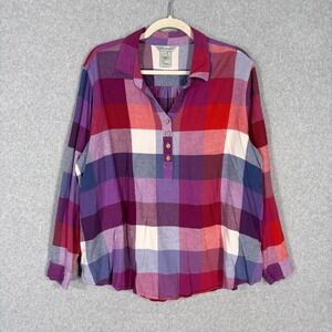Multiples Linen Popover Shirt 1X Red Purple Casual Granny‎ Farmhouse Country